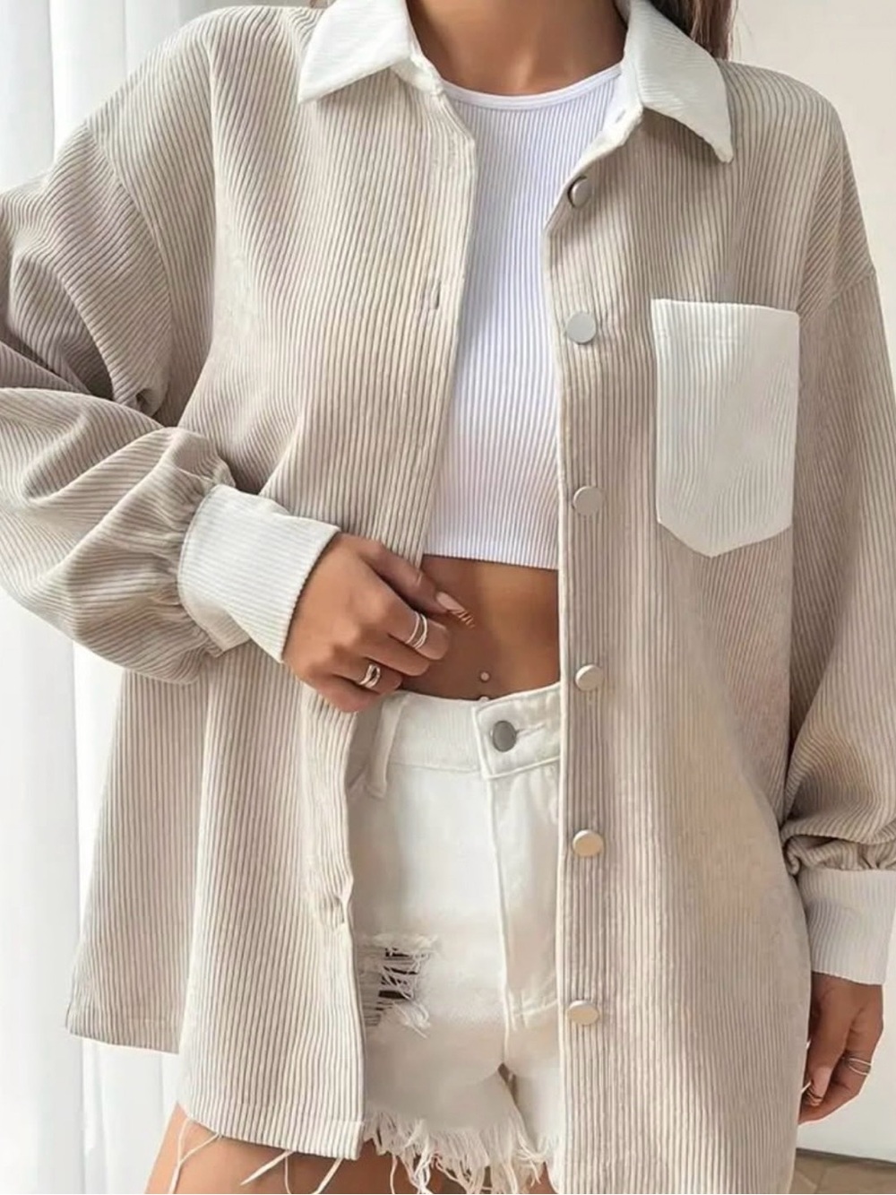 Beige Corduroy Button-Up Shirt Jacket - Women